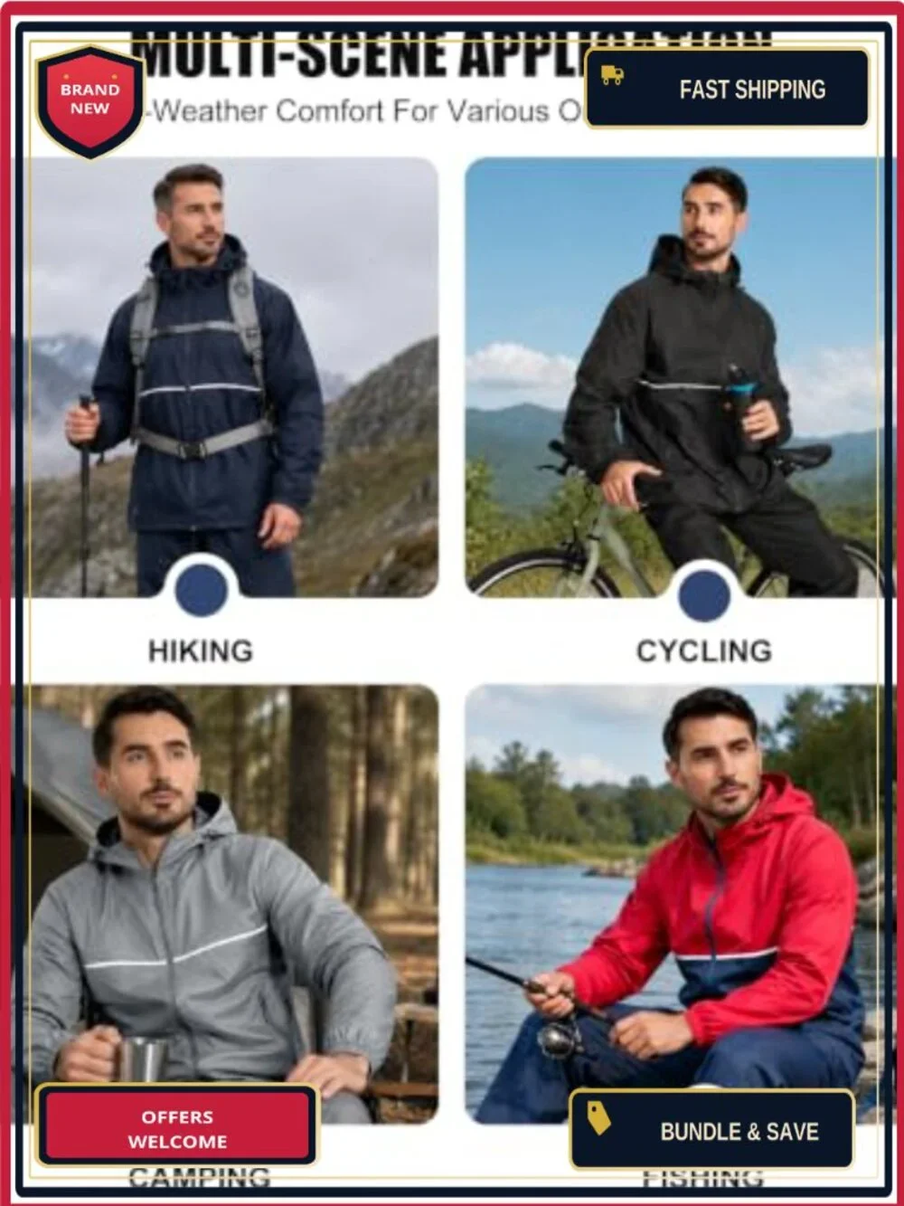 Men's Waterproof Packable Rain Jacket with Reflective Stripes
